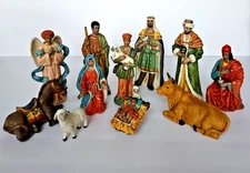 Vtg Dark Skin Jesus 11 piece Hand Painted Porcelain Nativity Set Christmas 1730