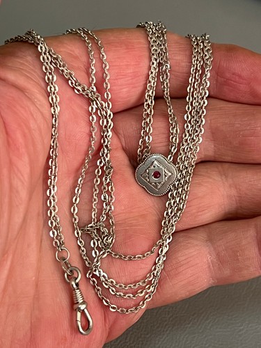 Victorian Hallmark 800 Silver Very Long Pocket Watch Chain w/Slider Ruby Stone - Picture 9 of 9