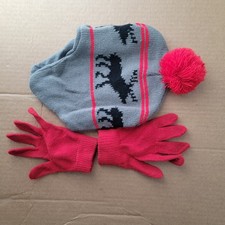 Kids' Grey Knit Trapper Hat with Red Pompom, Black Moose pattern Red Gloves