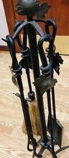 5 Pc Fireplace tools Wrought iron Twisted Leaves Poker Straw Broom Tongs Shovel