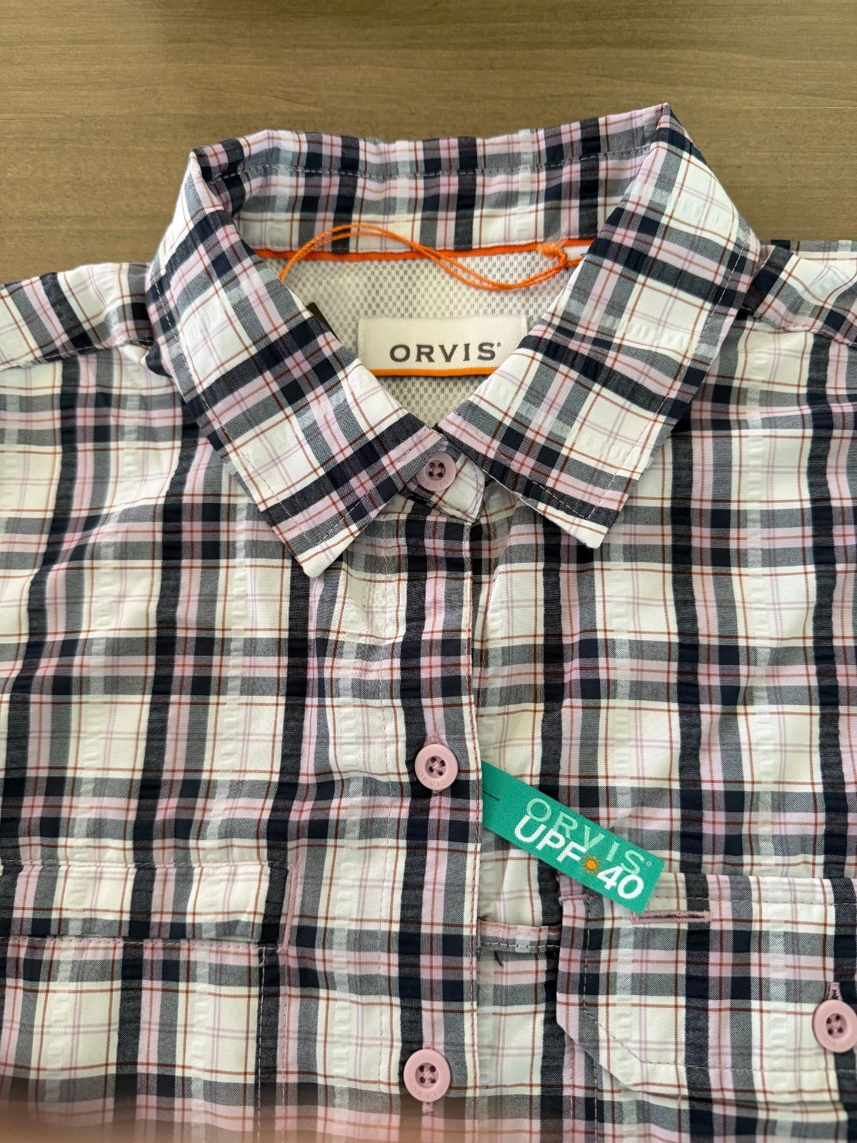 Women's Orvis Button Down Long Slv Shirt-Seesucker White w/Purple and Blue UPF40