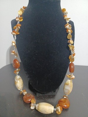 Artisan-Crafted Necklace With Mixed Polished Stones And Beads, And Carved Floral