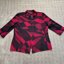 Ming Wang Knit Jacket Women's L Red Black Church Career Office 3/4 Sleeve Mature