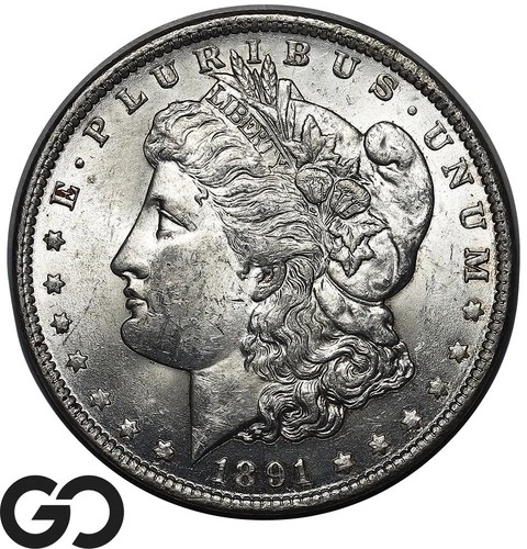 1891 Morgan Silver Dollar Coin, Mint Luster, BU