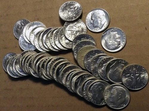 Full roll (50 coins) 1964 D Roosevelt Dimes - Gem BU - 90% Silver