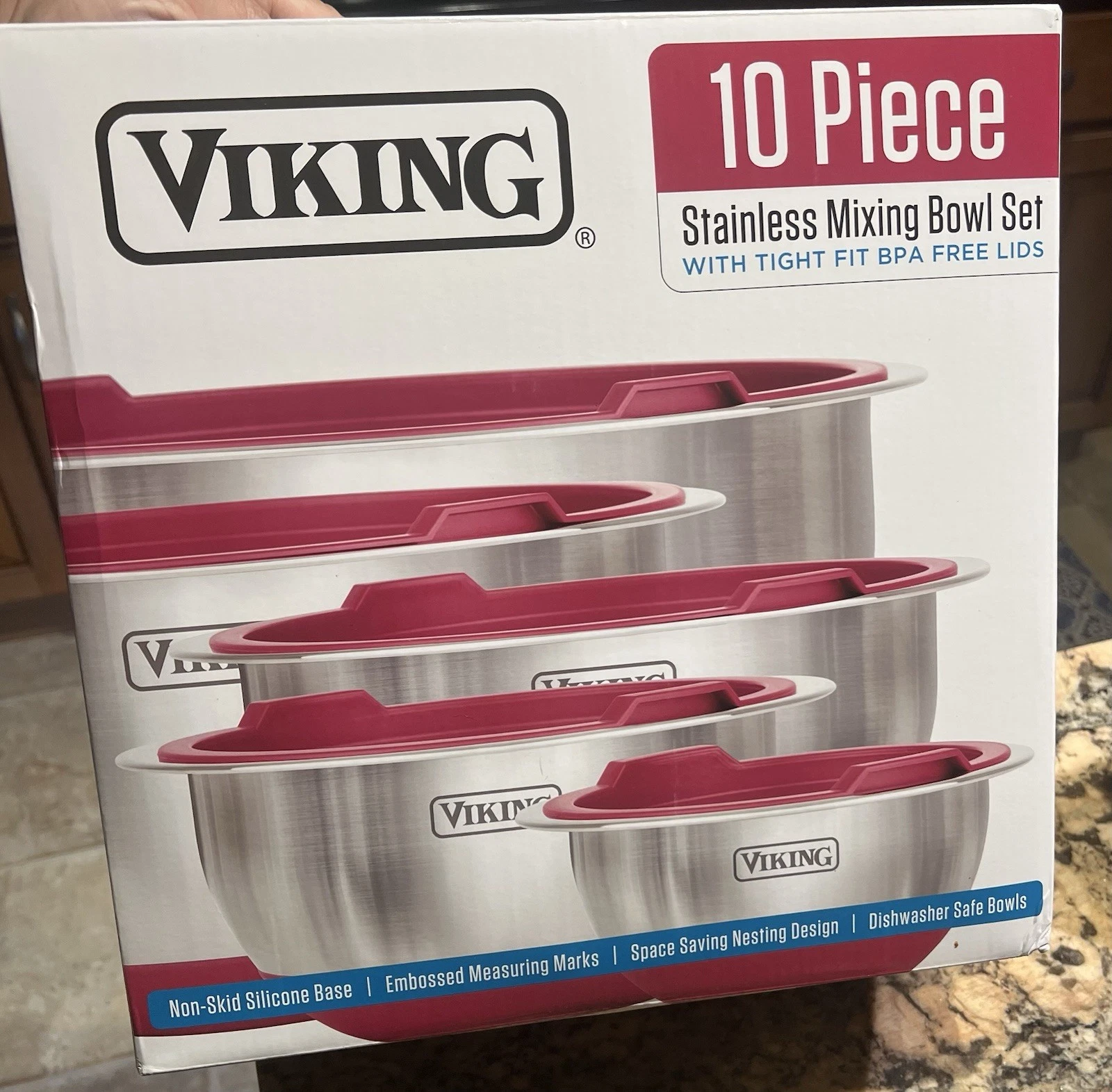 Viking 10-Piece Stainless Mixing Bowl Set Non-Skid Base Lids NIB unused
