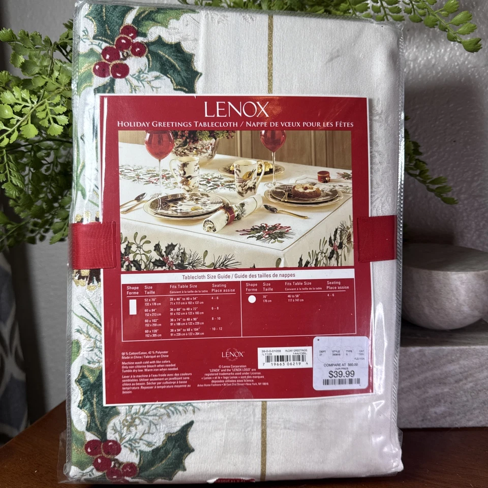 Assentos de toalha de mesa oblongos Lenox Holiday Greetings Holly 60" x 144" 12-14 NOVO - Imagem 2 de 4