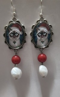 Handcrafted artisan Christmas siamese cat glass Cameo Earrings