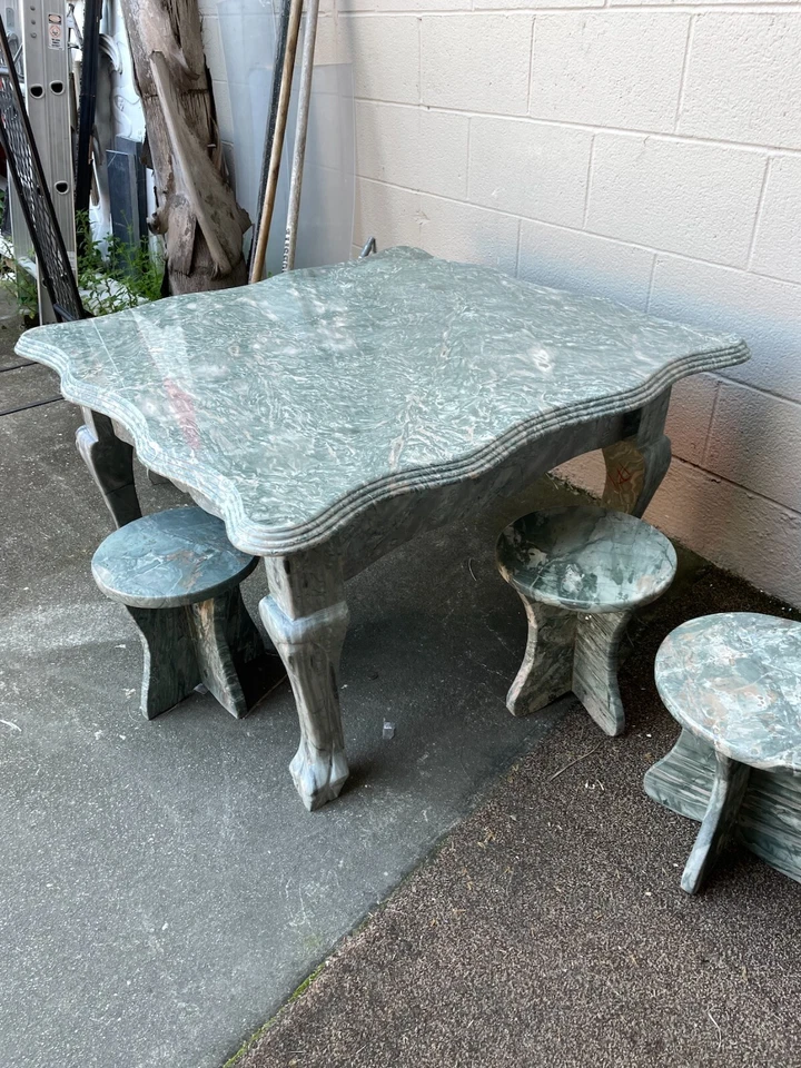 Green Marble Garden Table Set: Table with Four Stools - Image 3 of 4