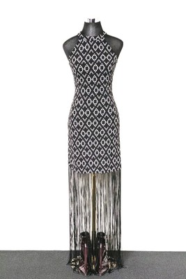 H&M COACHELLA BNWT Black White Boho Fringe Maxi Dress Halter Street Style Trend