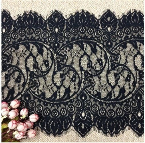 Pestañas bordadas florales negras de 3 yardas con ribete de encaje de malla francesa/13 pulgadas de ancho Foto 4 de 4