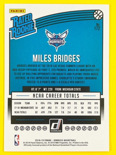 2018-19 Panini Donruss Basketball - #172 Miles Bridges Rated Rookie - Picture 2 of 2