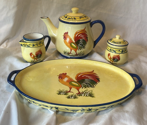Temp-tations By Tara Rooster Set - Platter - Tea Pitcher - Creamer - Sugar - Picture 11 of 12