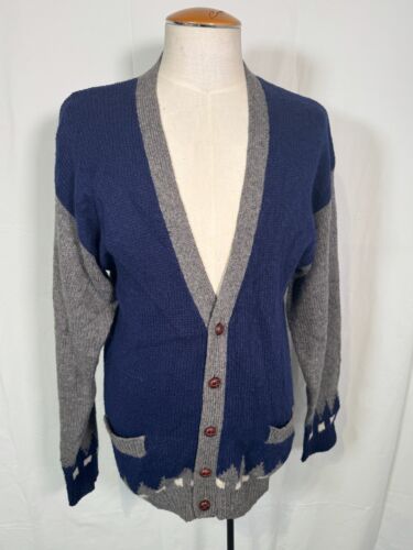 VTG GAP Navy Blue GrayChunky Knit Soft Wool Blend Cardigan Buttons Pockets Sz L - Picture 4 of 15