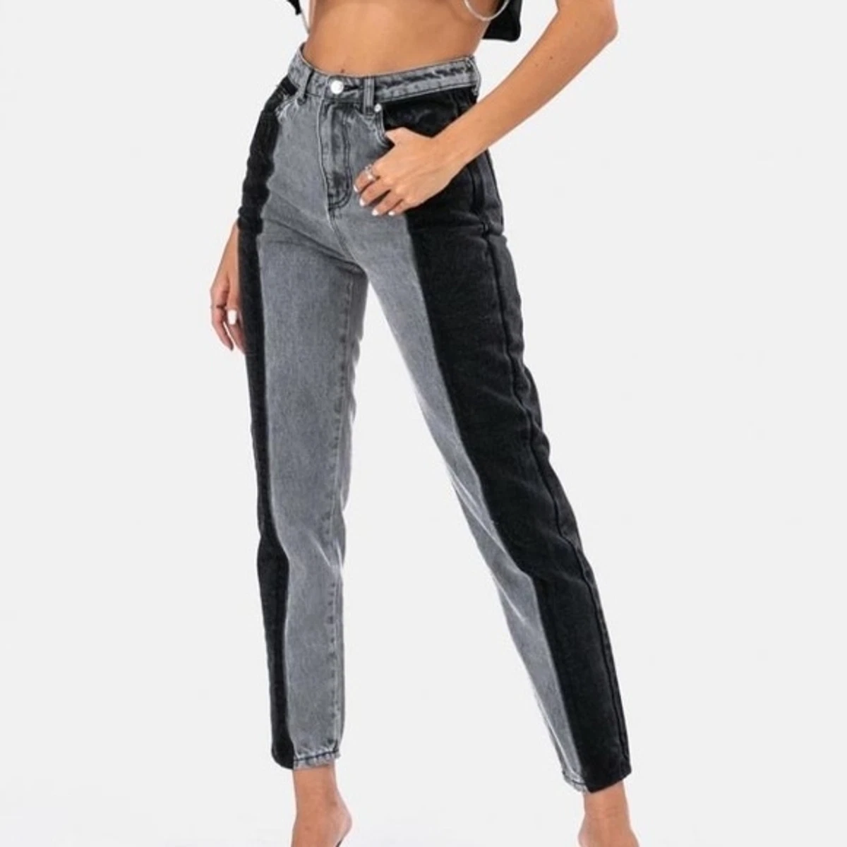 NWT Adika Gray Black Color Block High Rise Mom Straight Leg Jeans