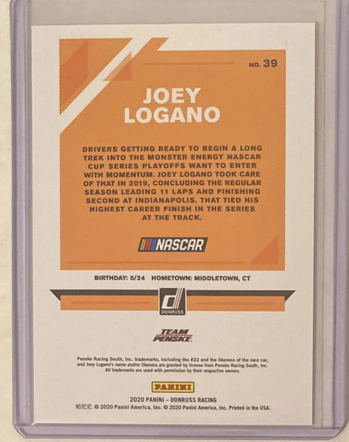 2020 Donruss NASCAR Blue #39 Joey Logano /199 - Image 2 of 2