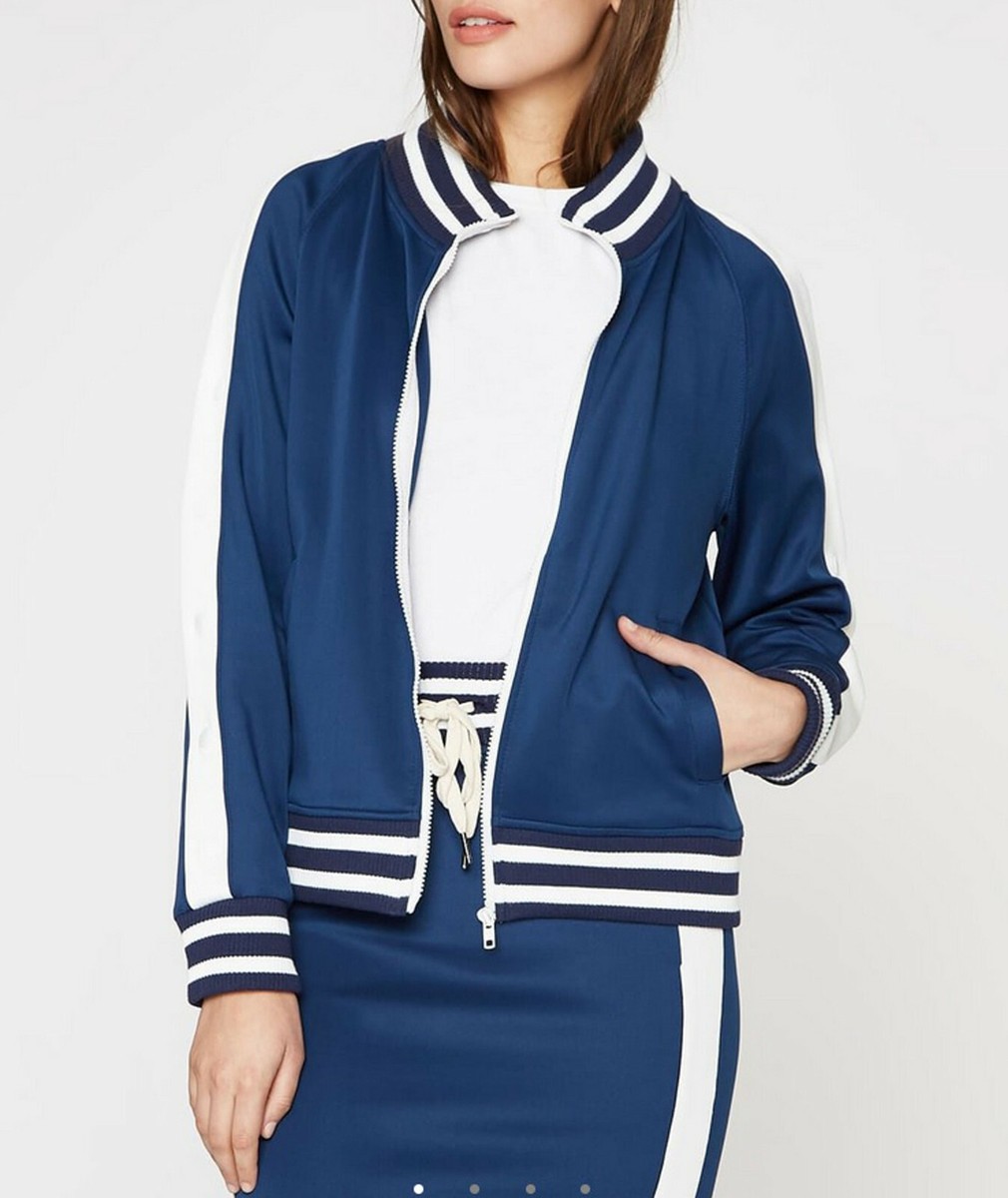 Pam Gela Women's Navy and White Cold Shoulder Zip Front Track Jacket Size  S