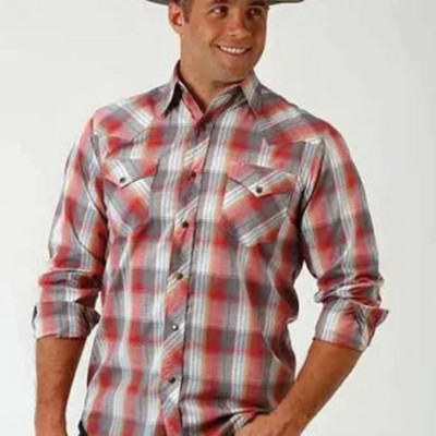 New! Roper Men's Red Gray White PAINT PLAID WESTERN SHIRT w/ Snaps Size S M XL