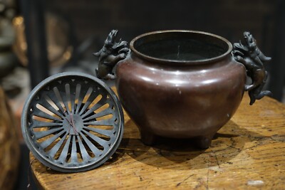 Japanische Meiji Bronze Räuchergefäß Koro Wächter Löwen durchbohrter Deckel um 1900