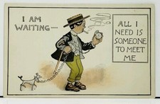 I AM WAITING, Man with Tiny Puppy All I need is Someone to Meet Me Postcard H10