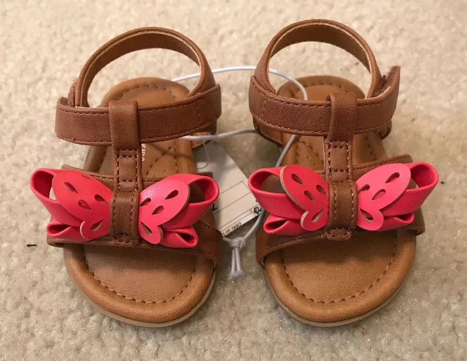 Новый с Ярлыками девочек Baby Oshkosh подлинный Kids коричневый/розовый бабочка регулируемые сандалии размер 2 - Изображение 2 из 4