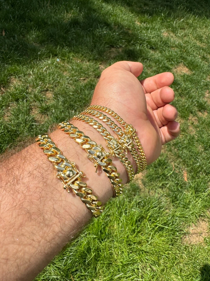 Браслет-цепочка Miami из чистого стерлингового серебра 925 пробы позолота 14 карат застежка-коробка 4-10 мм - Изображение 4 из 4