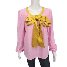 Studio Park x Shawn Killinger Knit Blouse Top Satin Bow Medium Sz Pink Tee Shirt