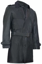 Mens Black German Military WW2 Vintage Long Trench Coat Genuine Leather Jacket