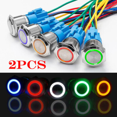 2Pc 19mm 12V LED ON OFF Push Button Power Switch Latching w/ Wire Socket Harness