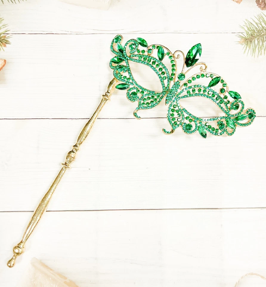 Masquerade Mask with Stick, Wedding Party Gold Mask, Prom Crystal Green Mask - Image 2 of 4