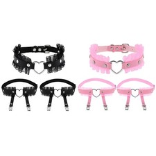 3pcs Womens Punk Heart Lace Leather Choker Thigh Leg Garters Belt Set Adjustable