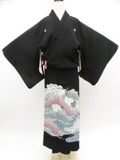 Japanese Vintage Kimono Black-Tomesode Silk Five Crest Ginkoma-Embroided eb-1319