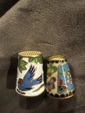Vintage NOS Chinese Cloisonne Thimbles  2 multicolor enamel flowers Bird brass
