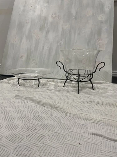 Steuben Michael Graves Archaic Crystal Bowl & Dish w/ Iron Stands – Signed