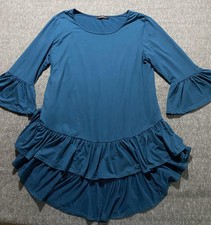 Hippie Chic Dress Womens Large Blue Tiered Ruffle Bell Sleeve Boho Tunic Top