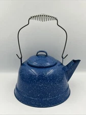 Blue & White-Speckled Enamelware Tea Kettle With Lid & Metal Handle Beautiful
