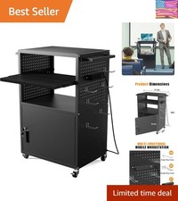 AV Cart with Wheels and Power, Media Cart with Pegboard Siding & 12 Hooks, wi...
