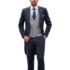 Men's Navy Blue Peak Lapel Party Prom Groom Tuxedo Wedding Tailcoat Suit Custom