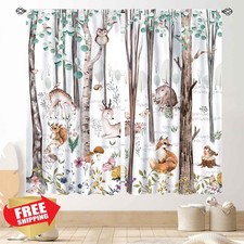Woodland Curtains for Kids Room Nursery, Rustic Woodland Wild Animals Waterco...