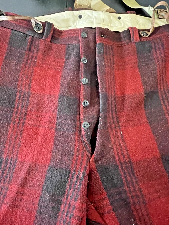 Pantalones de caza de lana vintage-rojo búfalo-suspensores-sin marca-XXL-talla 38 Foto 3 de 4