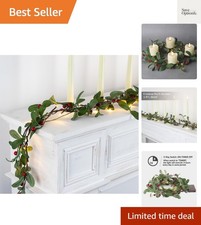 5.9FT Red Berry Green Leaves Branch Pre-lit Garland with 30 LED Lights, Batte...