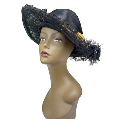 Vintage Black Lace Straw Edwardian Hat with Dark Gold Silk  display picture 1