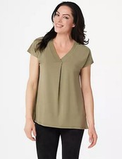 H by Halston Jet Set Jersey Extended Shoulder V-Neck Top with Pleats Green S New