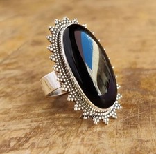 Sterling Silver Black Onyx Ring - Large Stone Band Birthday Ring All Size R 558