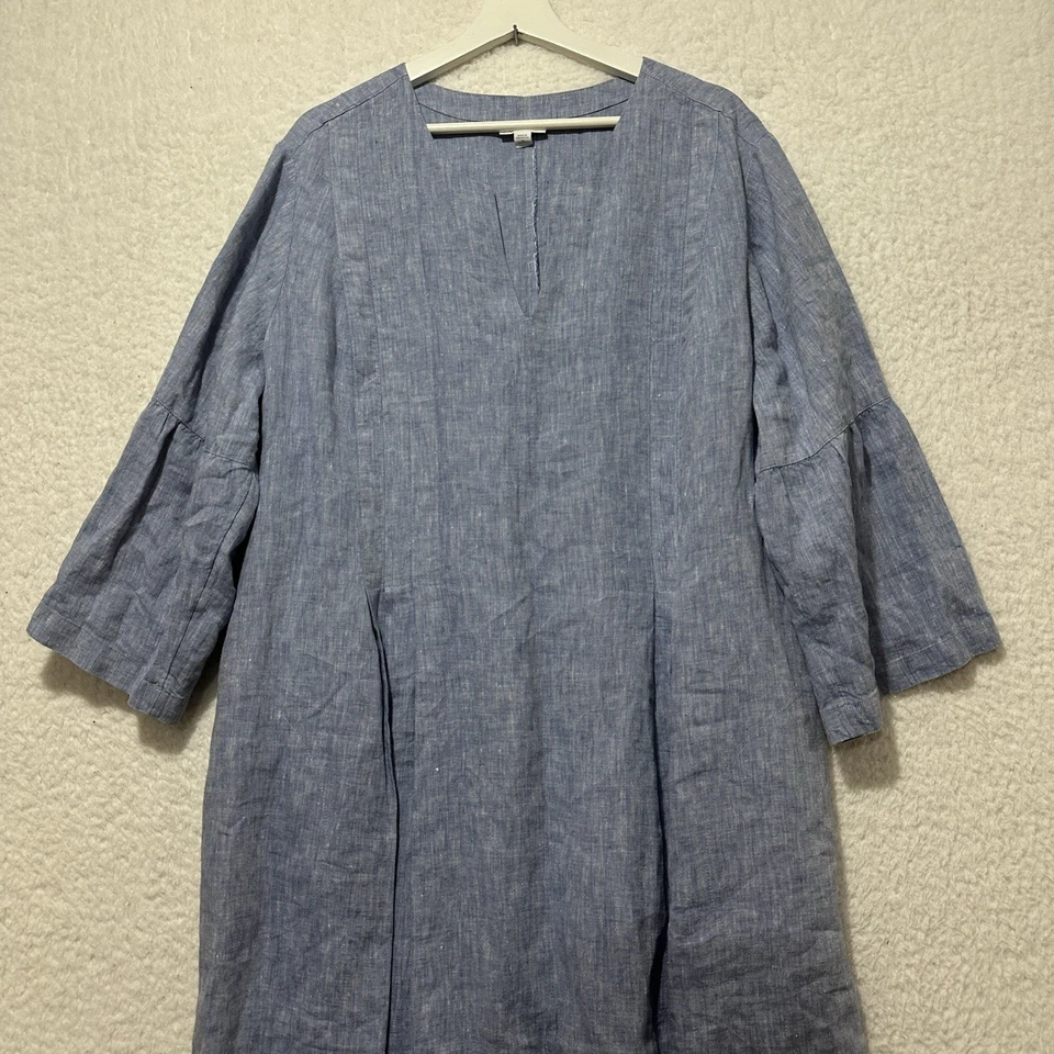 J Jill Love Linen Blue Sheath Tunic Dress 3/4 Bell Sleeves Pockets Plus Size 3X - Image 4 of 4