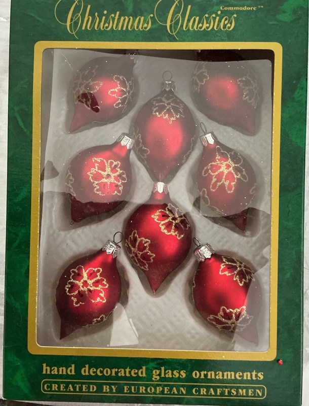 Commodore Christmas Classics Hand Decorated Glass Ornaments Romania Set Of 8 Box