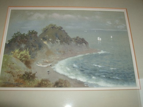 ANTIQUES JAPANESE WATERCOLOUR COASTAL SCENE WITH FIGURES BY FUKUTARO TERAUCHI - Picture 2 of 5