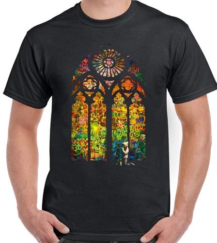 Banksy T-Shirt Stained Glass Window Mens Funny Graffiti Urban Art