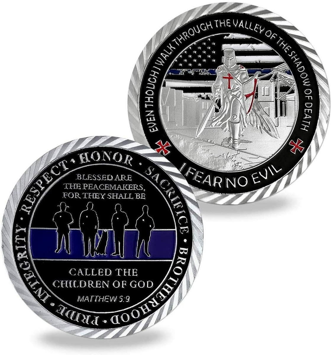 Polizei Challenge Coin – Thin Blue Line Münze, 4 Cm Durchmesser, Antik Versilbert, Mit US-Flaggen