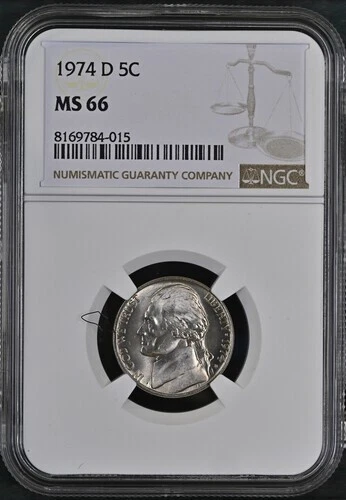 1974-D Jefferson nickel graded by NGC MS66  -  a very nice coin